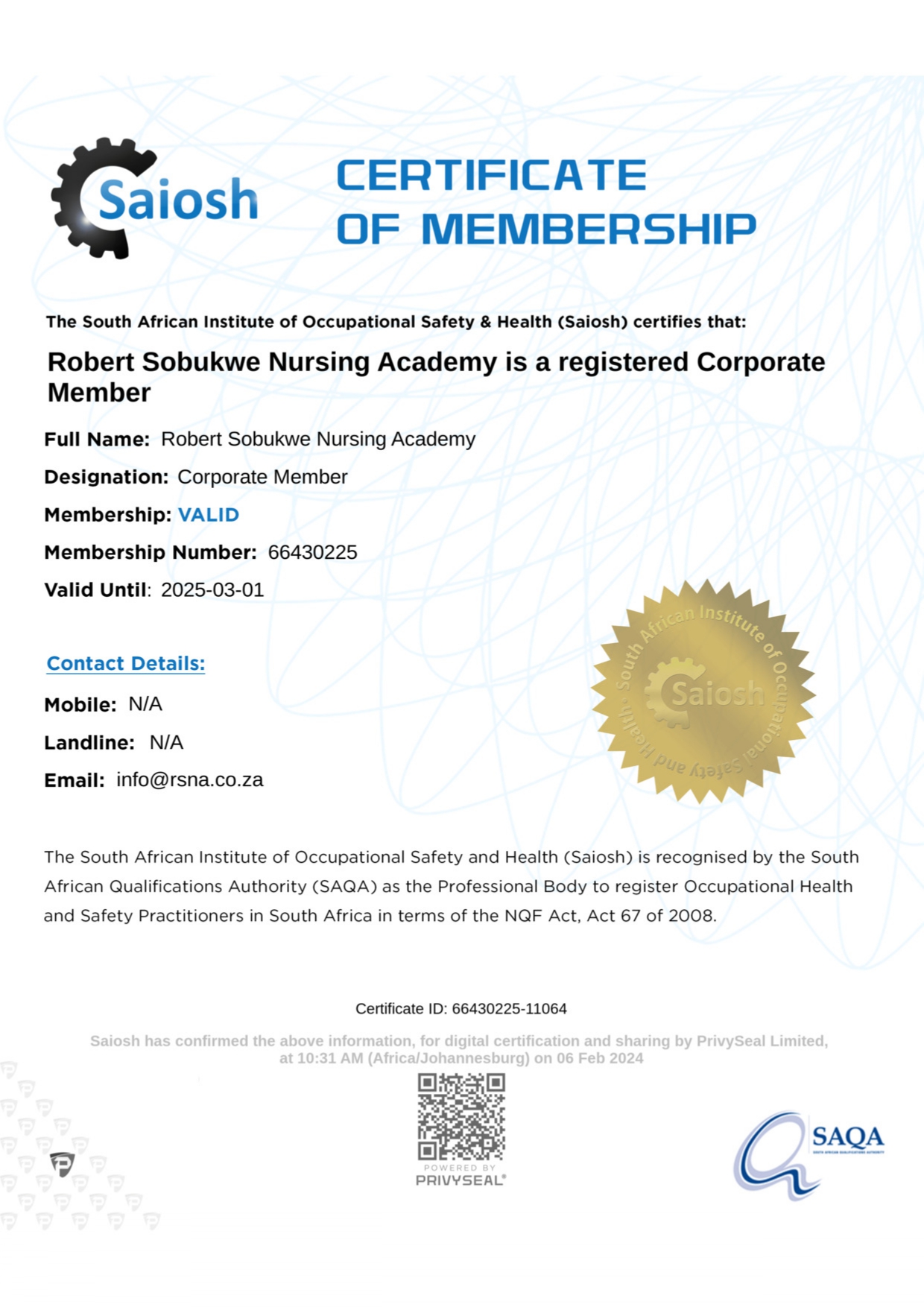 RSNA SAIOSH Reg Certificate 2024